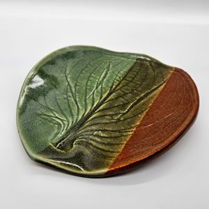 Leaf Pattern Striped Dish - Hand Thrown Signed Studio Pottery